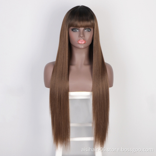 Aisi Hair Top Quality Cheap Long Silky Straight Fiber Wigs High Temperature Synthetic Fiber Wig Ombre Brown Wigs Wiht Bangs